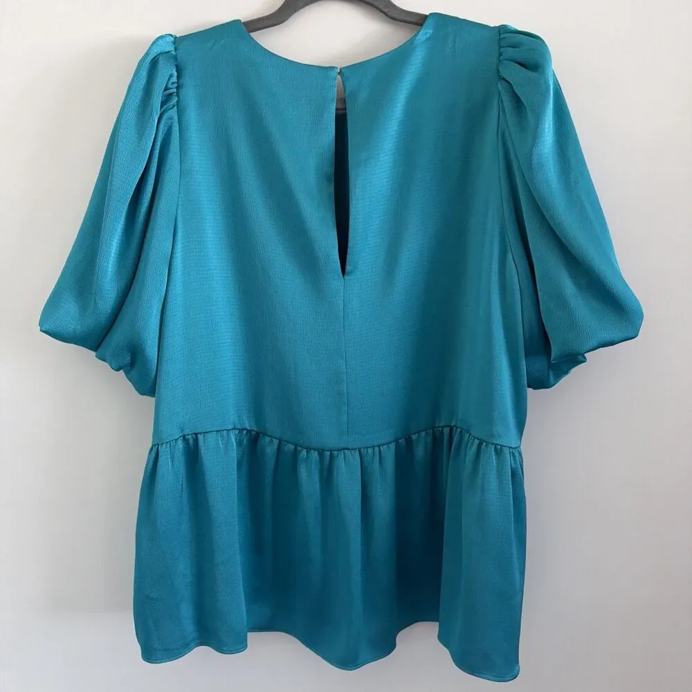 Lilly Pulitzer Peplum Top Sz 16 Blakelynn Blue Rhapsody Teal Flowy Ruffle Satin